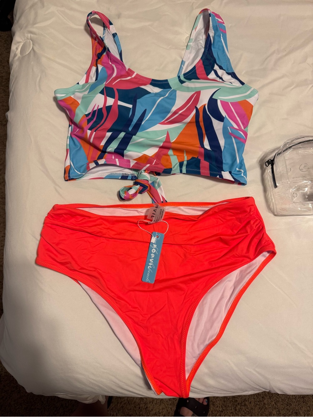 High-Waist Two-Piece Bikini Set in Neon Coral and Multicolor
